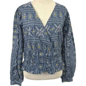 Forever that Girl Anthro Women Wrap Top Long Sleeve Cotton Tribal Blue Small